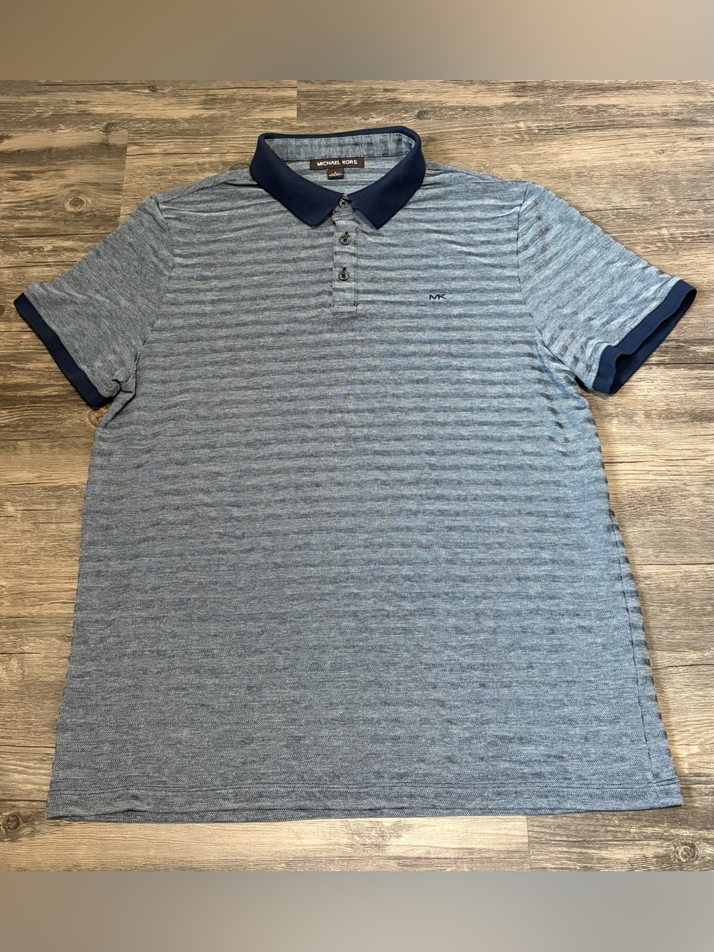 Michael Kors Heathered Blue Striped Polo with Contrast Navy Collar